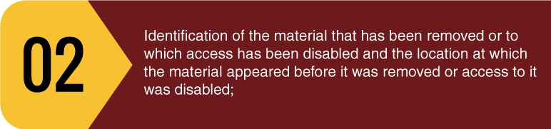 Identification of the material that has been removed or to which access has been disabled and the location at which the material appeared before it was removed or access to it was disabled;